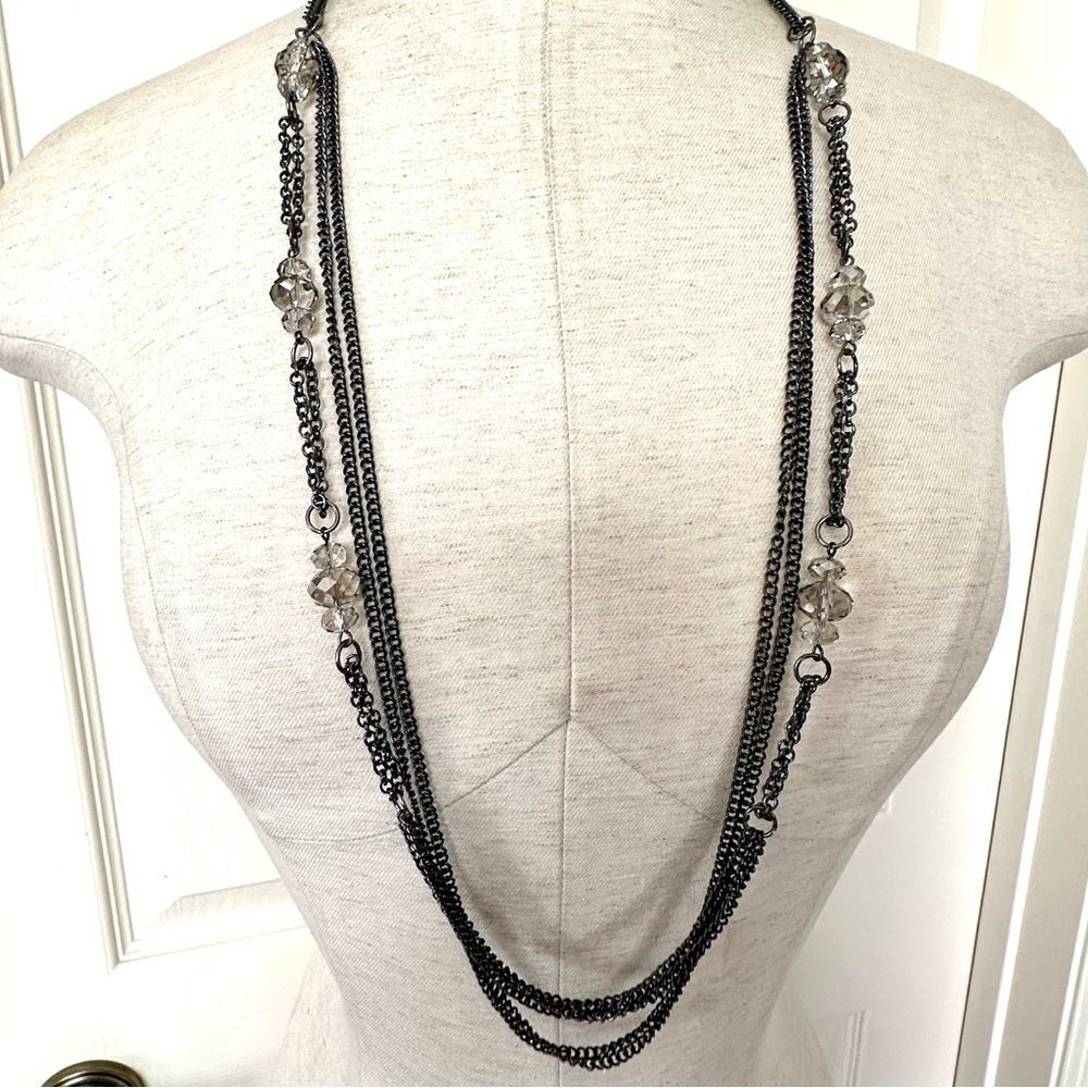 Grey long multi chain crystal necklace